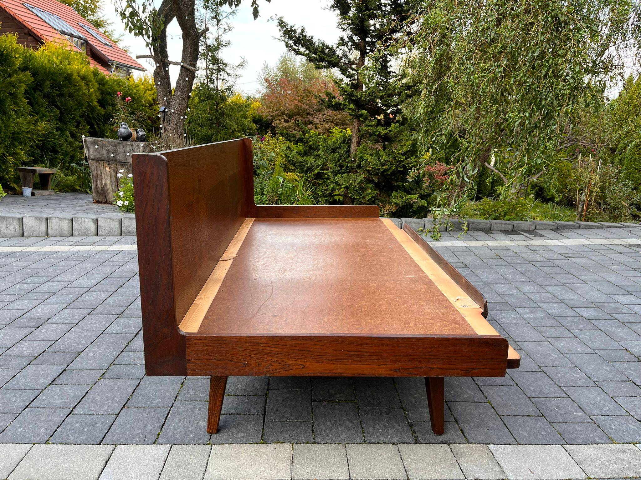 Jitona sobeslav sofa bed in walnut & boucle fabric, vintage czech 1960s