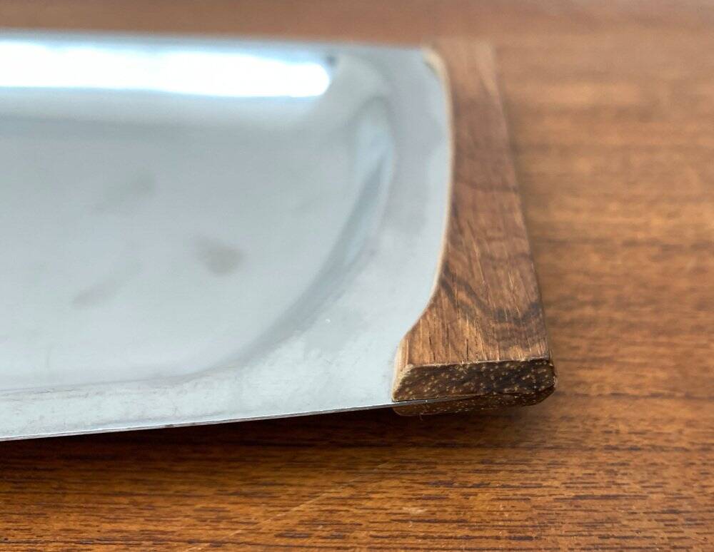 Danish stainless steel and teak plateau from the mid-century of Lundtofte, Denmark, 1960s.