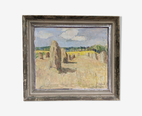 'Wheatfields' - Large Vintage Mid Century Framed Oil Painting
