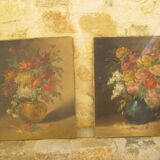 Paire de peintures de fleurs ancienne