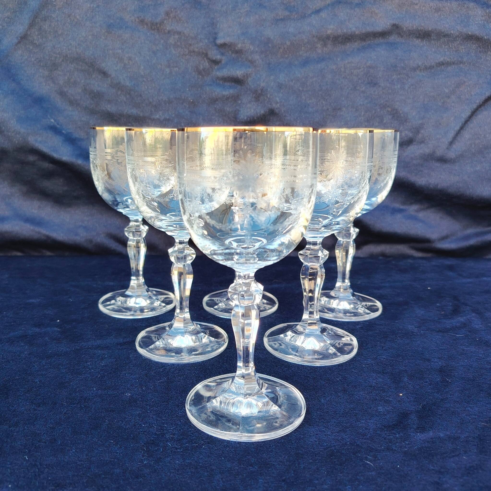 Six vintage wine glasses, cut crystal, gold rim