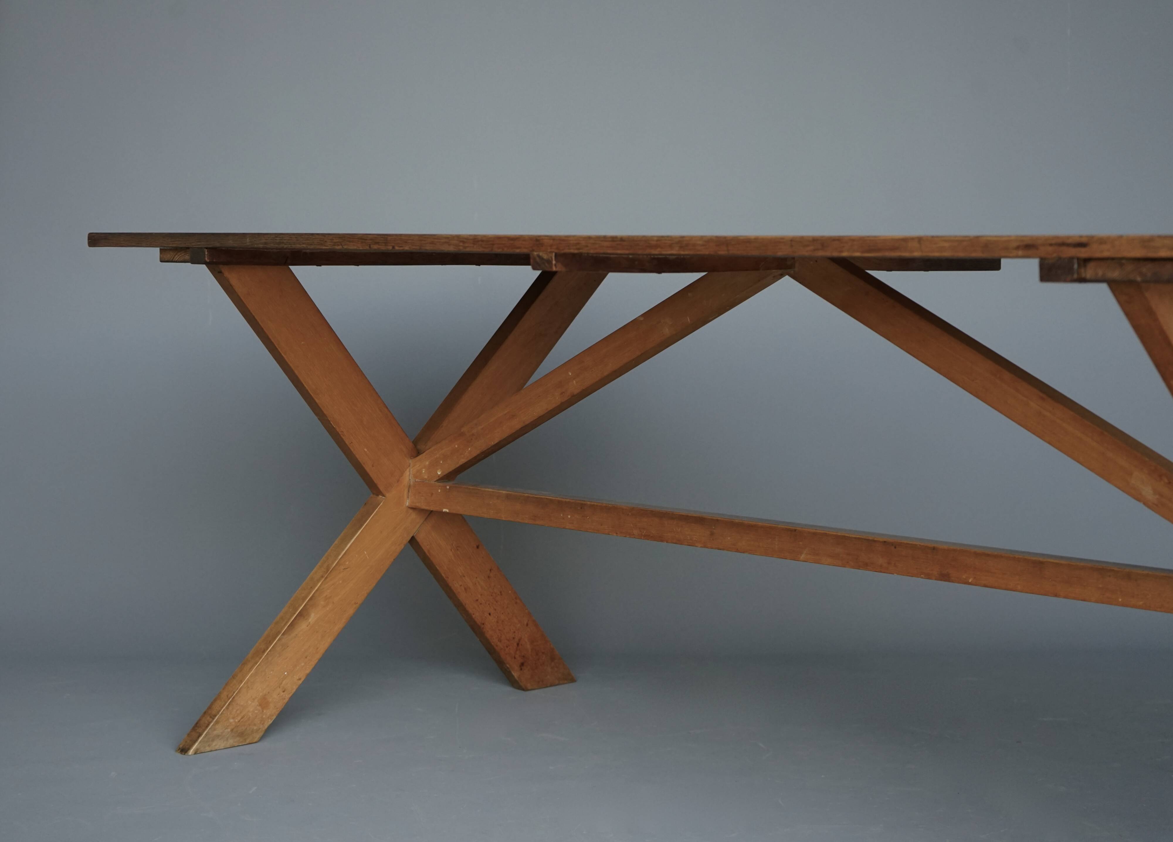 Rustic wooden Farmhouse X-frame Dining Table. 1940s