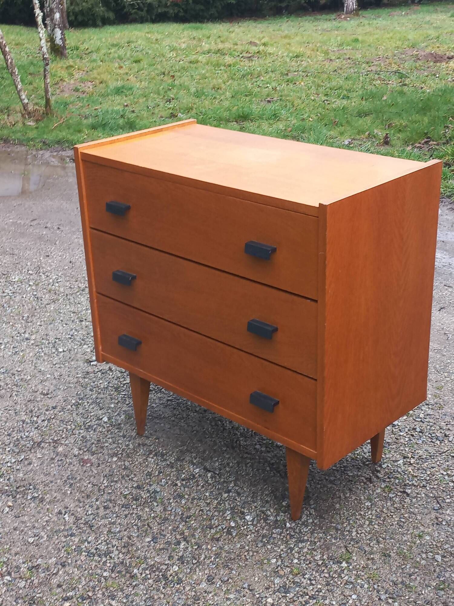 Vintage chest of drawers in gilded oak from the 50s 3 drawers feet bobbin