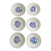 Set of 6 vintage dessert plates with blue patterns.