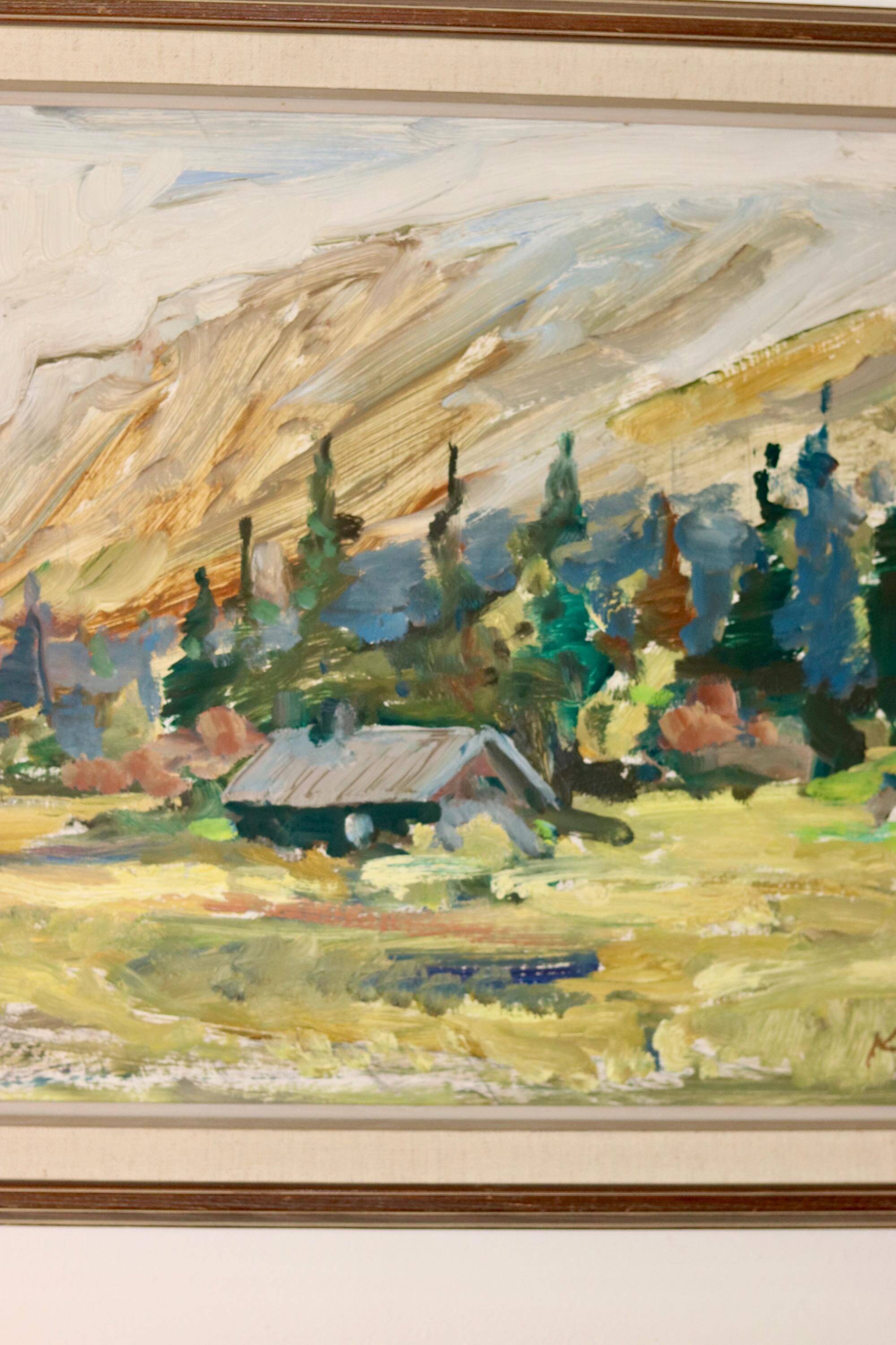 Oil painting on vintage panel "Mountain Cabin with Forest and Hills" - Vintage and framed