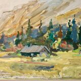 Oil painting on vintage panel "Mountain Cabin with Forest and Hills" - Vintage and framed