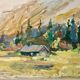 Peinture à l'huile sur panneau vintage " Cabane de montagne avec forêt et collines " - Vintage et encadrée