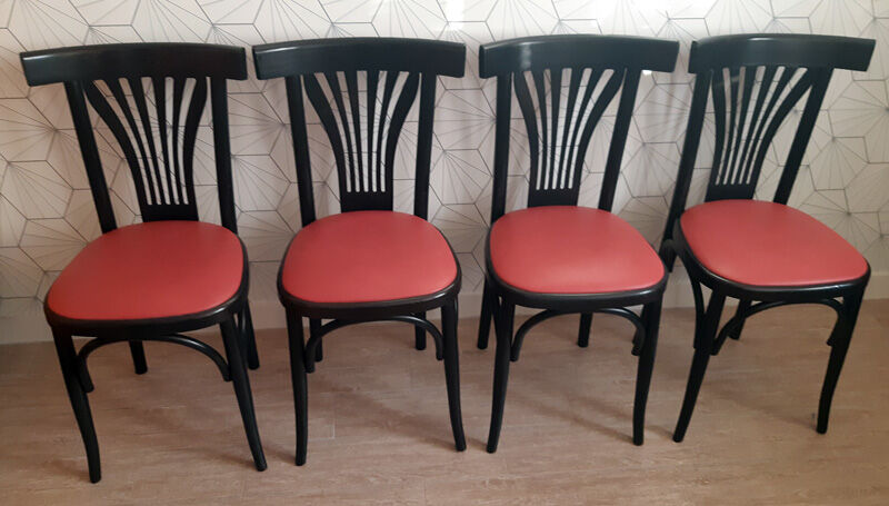 Set of 4 vintage bistro chairs in wenge beech and imitation red leather