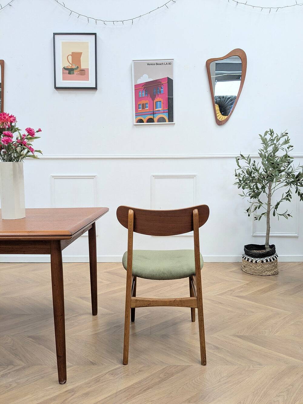 Chaise scandinave teck & tissu vert