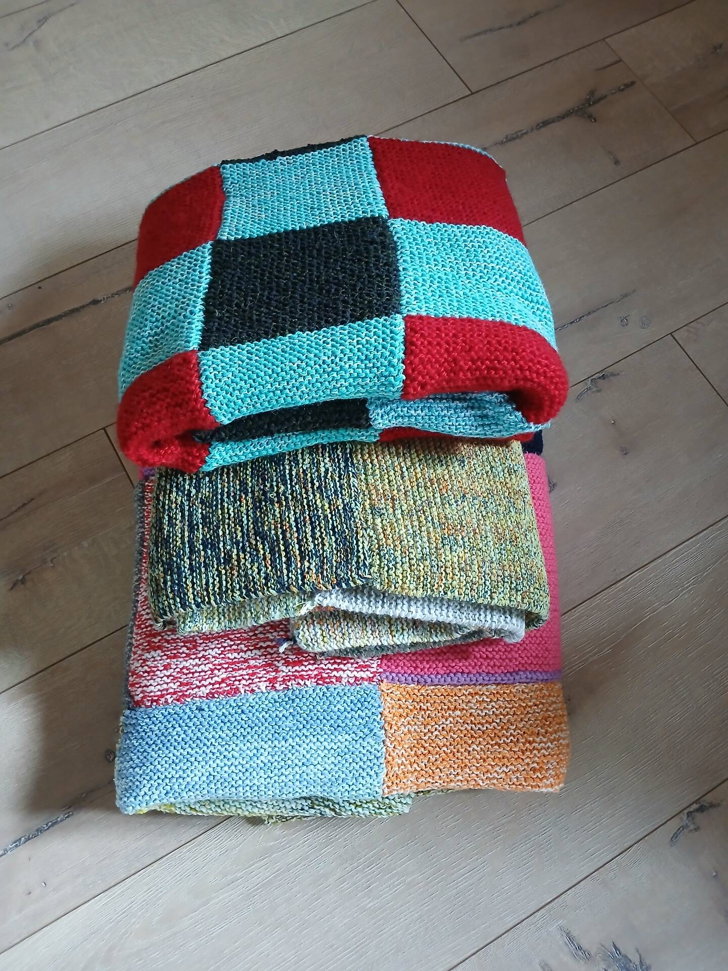 3 patchwork blankets knitted by hand