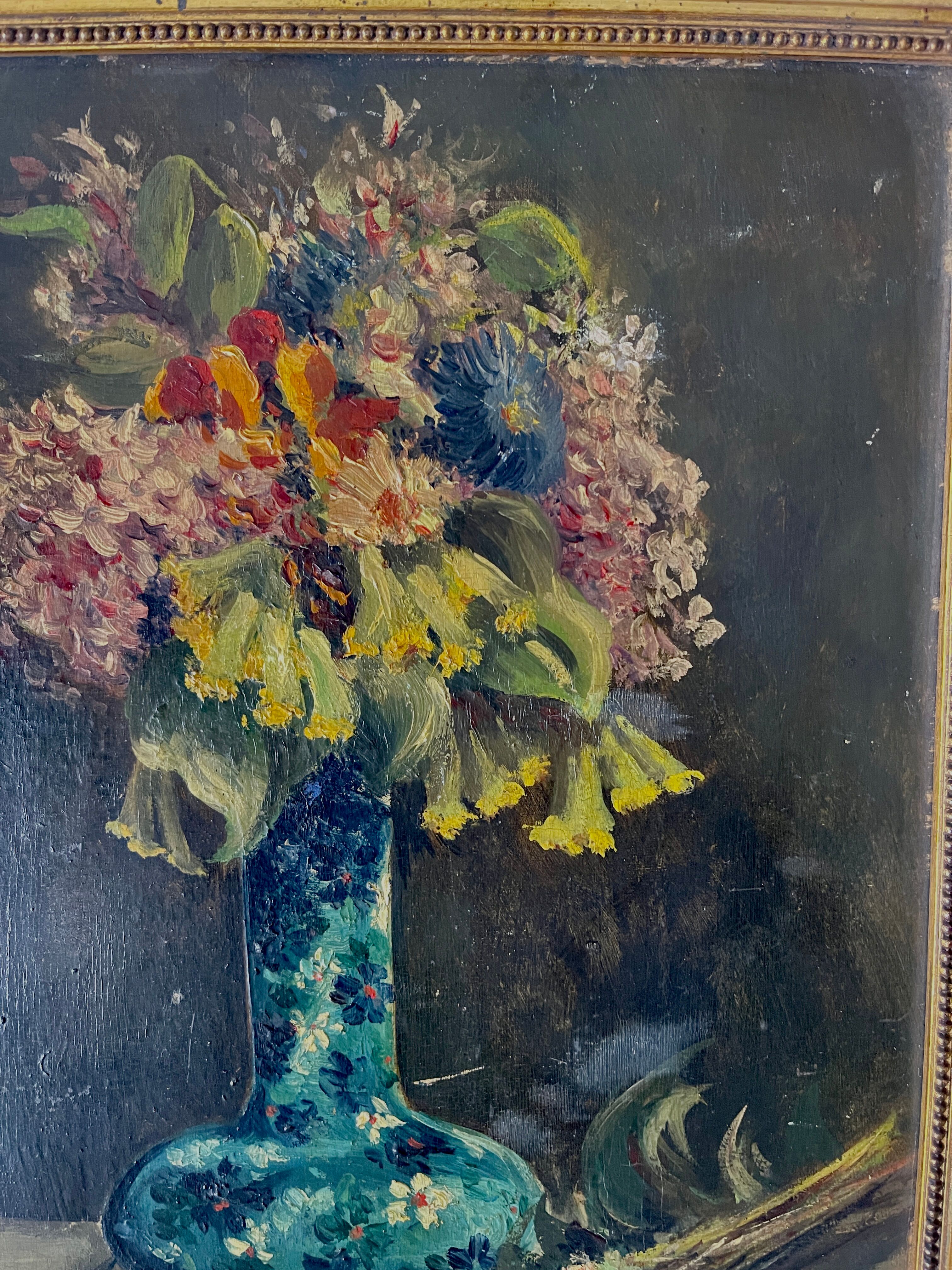 Still life with vase and bouquets of flowers