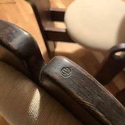 Vintage dining chair in stained brown pine with beige fabric, design by Szedleczky 1960–70.