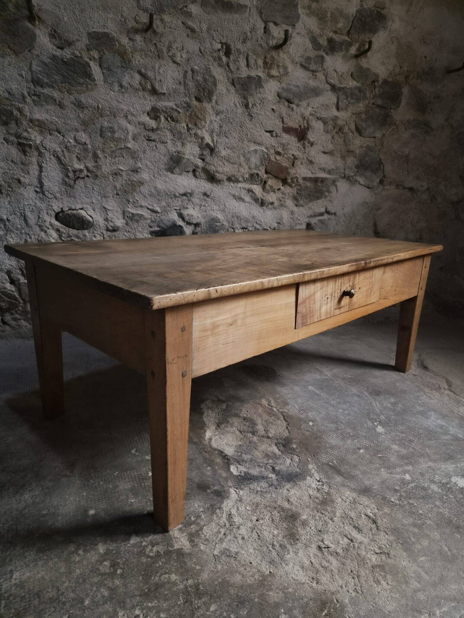 Antique French coffee table, 18th-century cherry farmhouse table with a drawer.