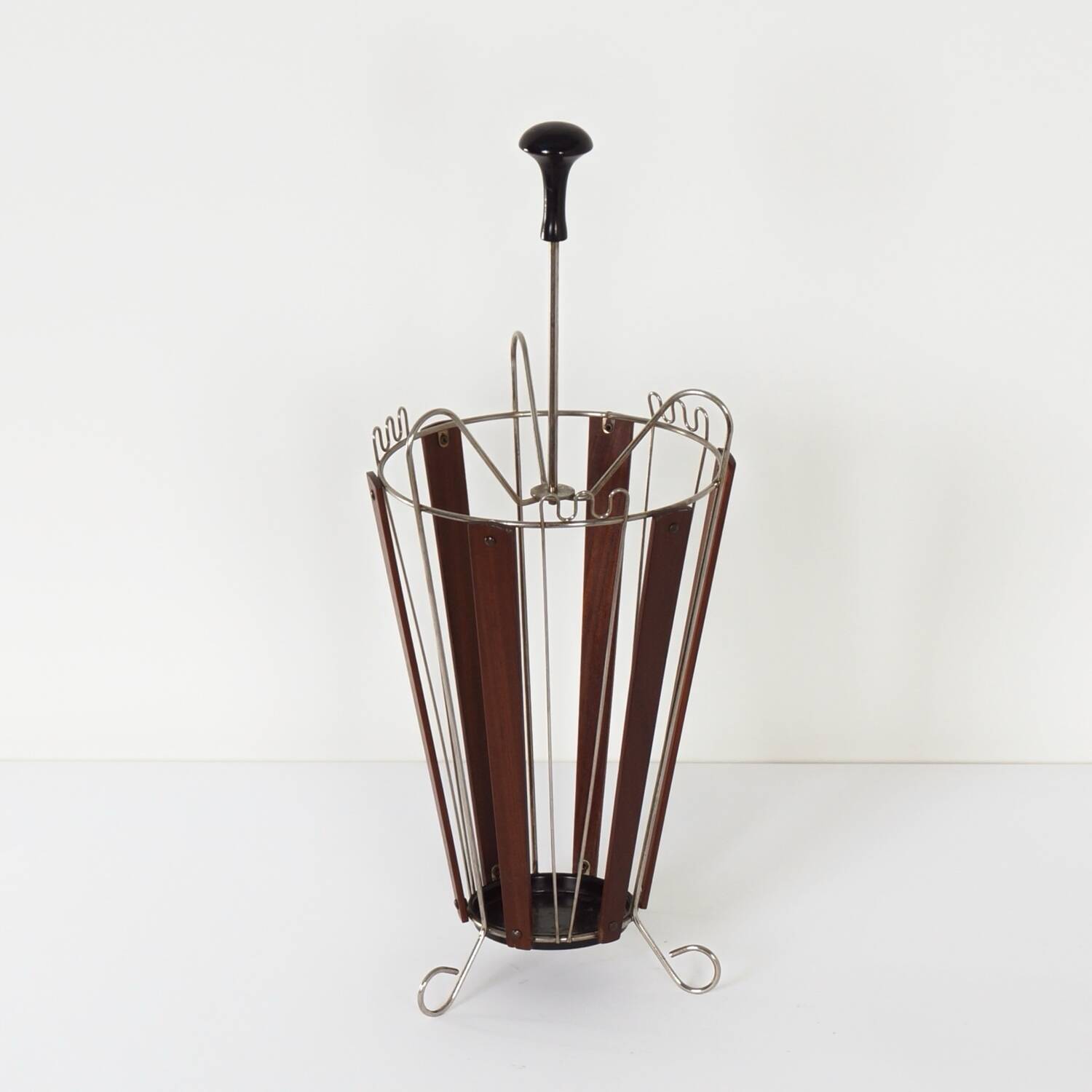 Vintage Teak and Curved Metal Umbrella Stand, 1950s