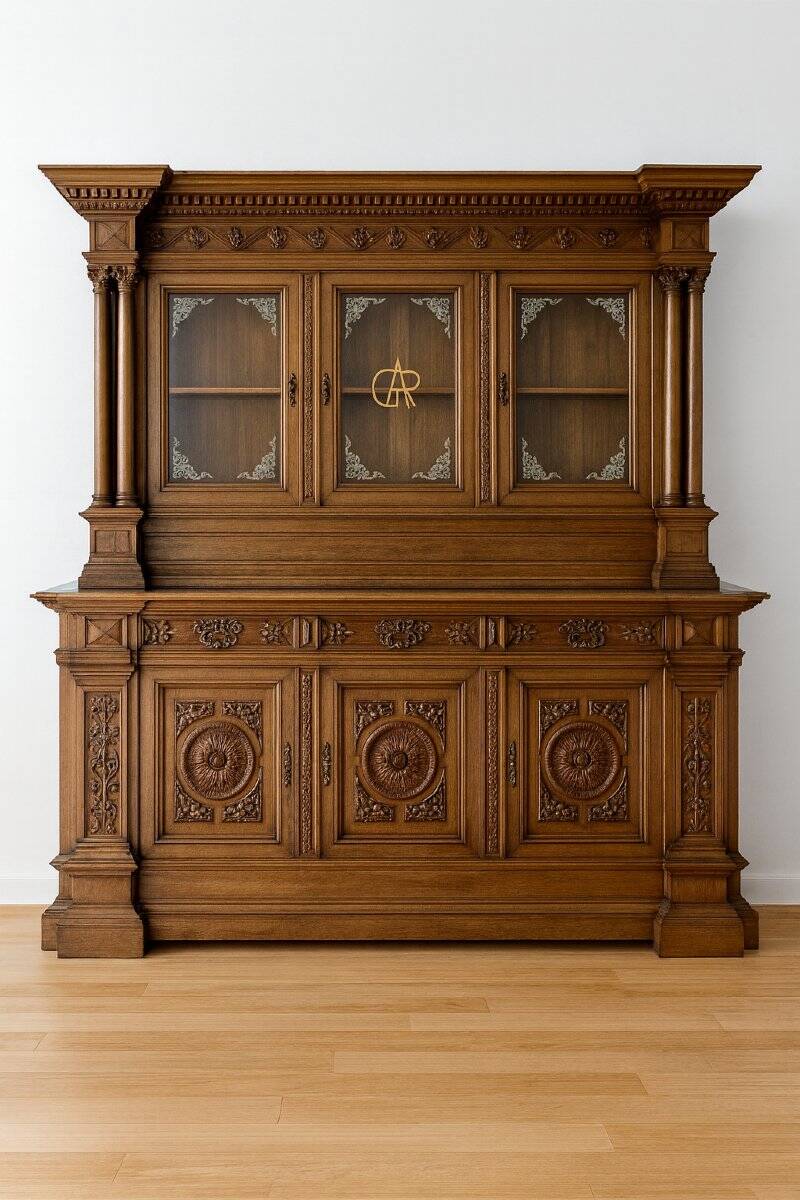Two-body buffet, made of richly carved solid walnut.