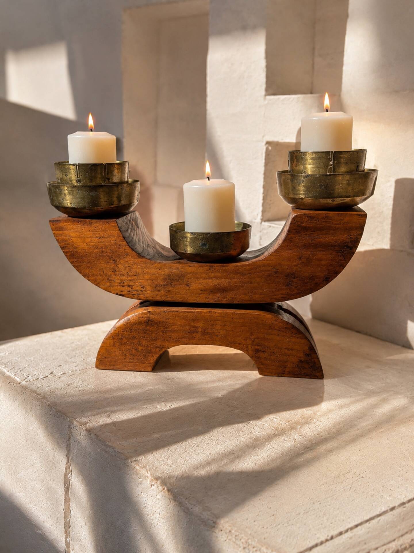 Vintage Art Deco Wooden Candle Holder Mid-Century Sculptural Brass Can