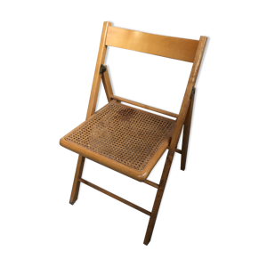 chaise pliante bois avec assise cannée années 70 vintage