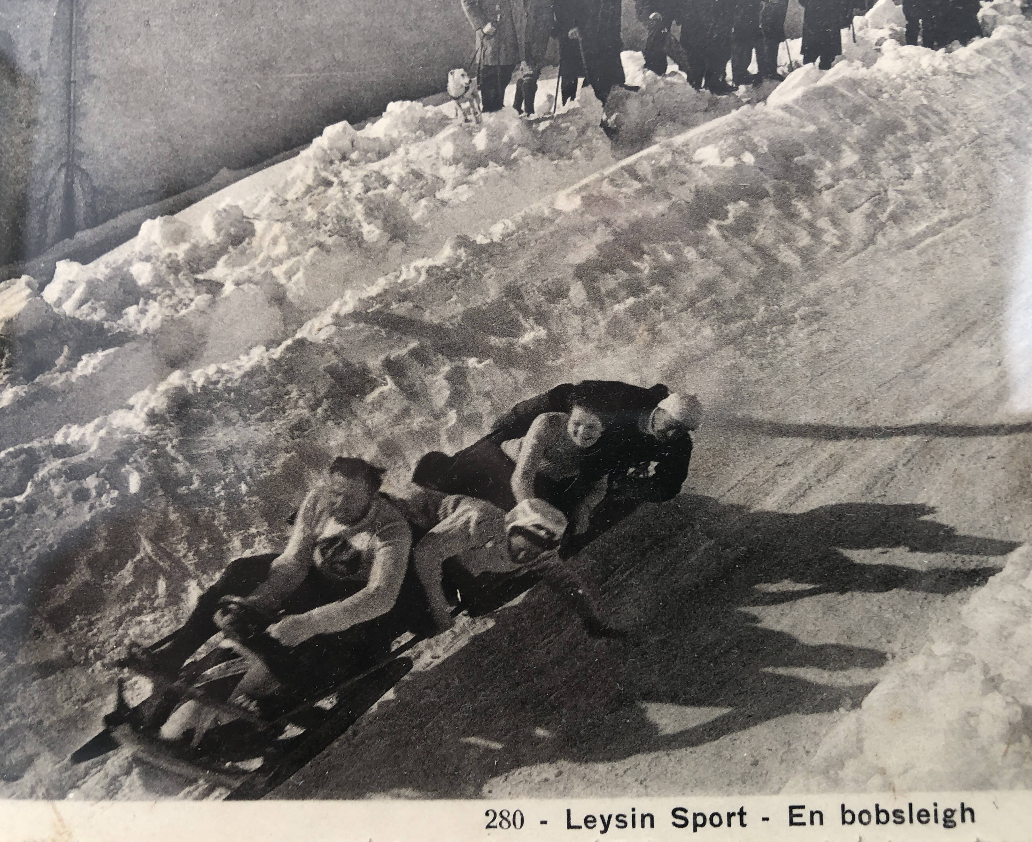 Carved wooden frame and old image "Bobsleigh in Leysin"