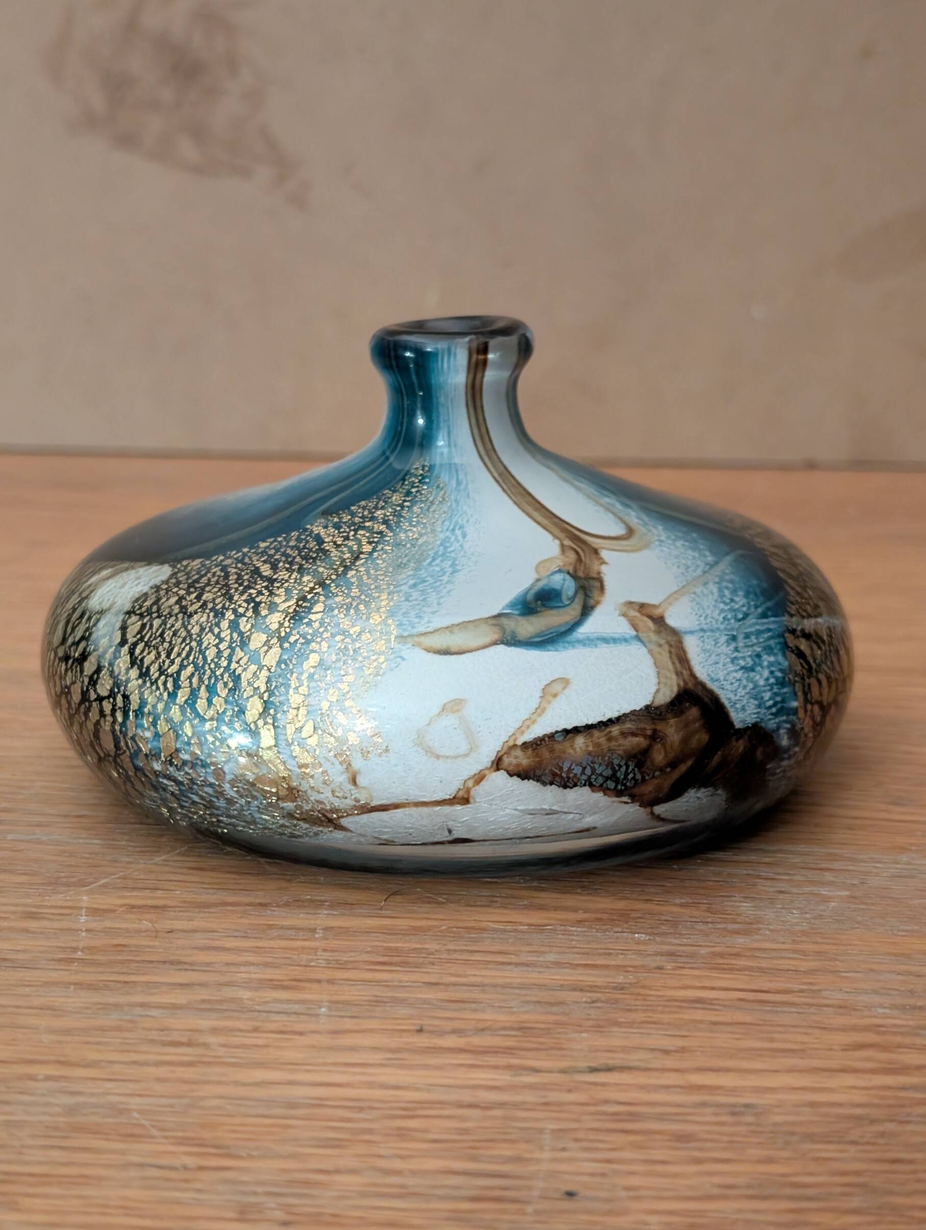 Multilayered glass vase with gold inclusions, Biot workshop, signed JM Operto