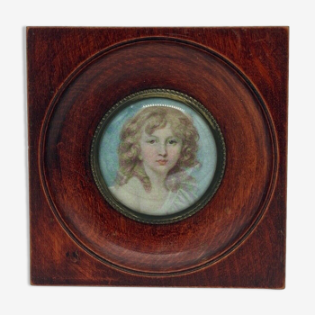 Miniature hand-painted young girl xviii eme work xx em wooden frame
