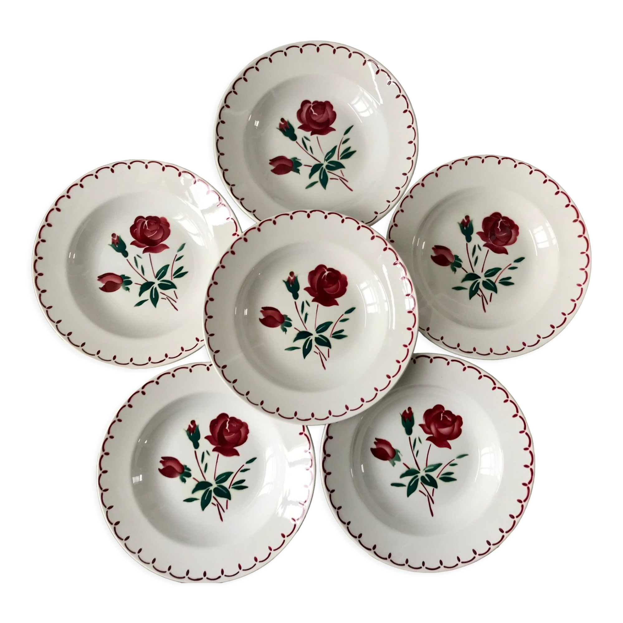 Set of 6 hollow plates Badonviller model pinks 30s