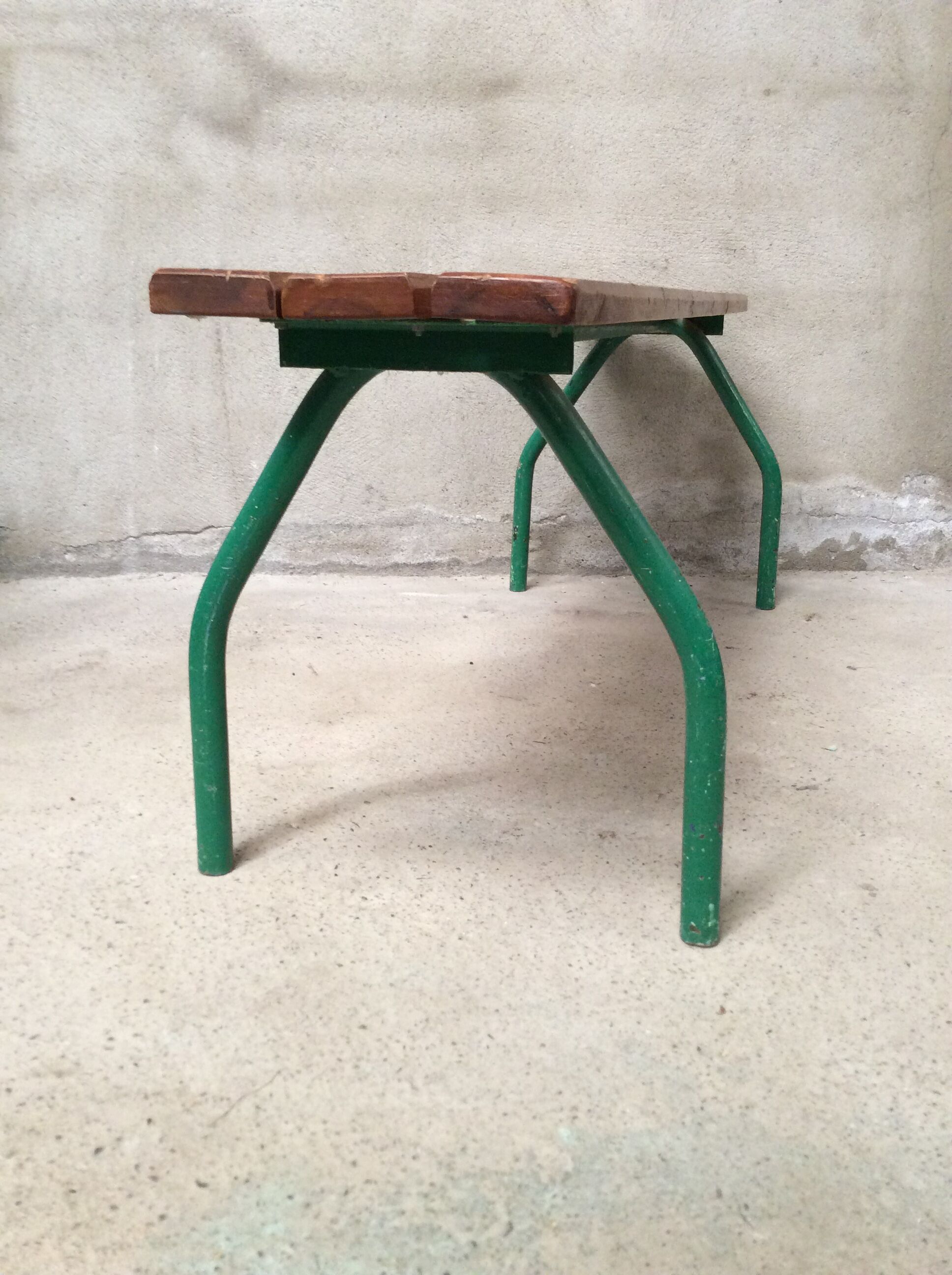 Vintage green industrial school bench