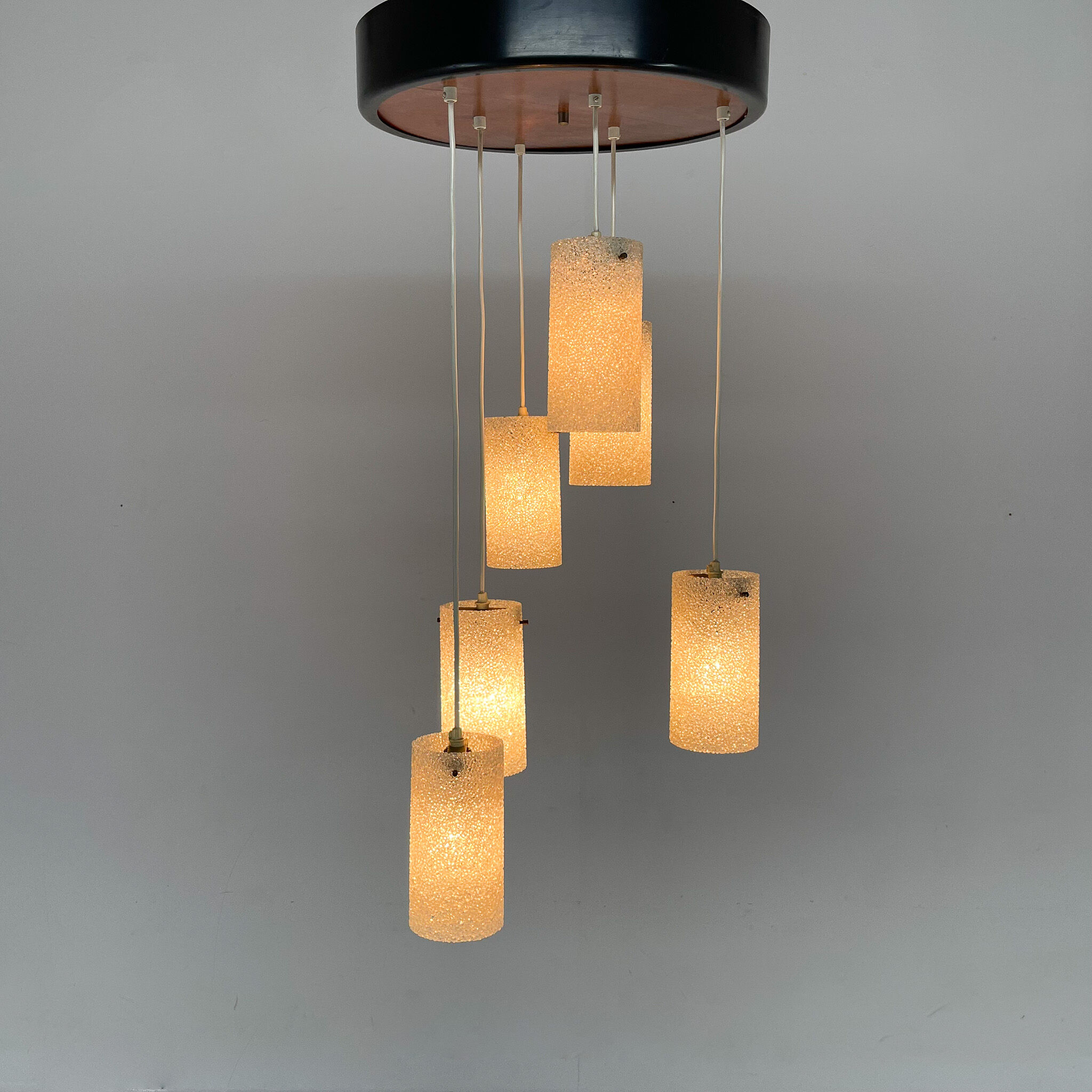 Mid-century cascade wood & crushed plastic pendant light, 1970's