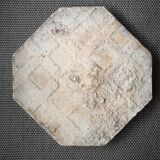 Antique earthenware tile, thick, octagonal shape, polychrome patterns