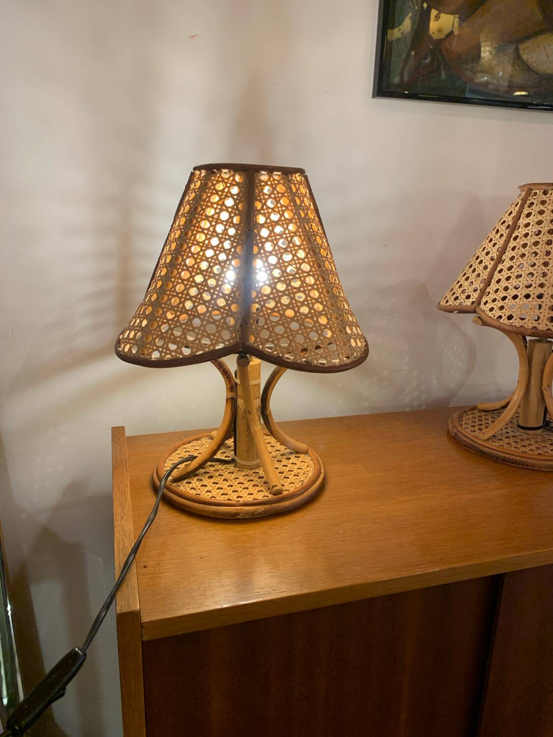 Paire de lampe vintage rotin et cannage