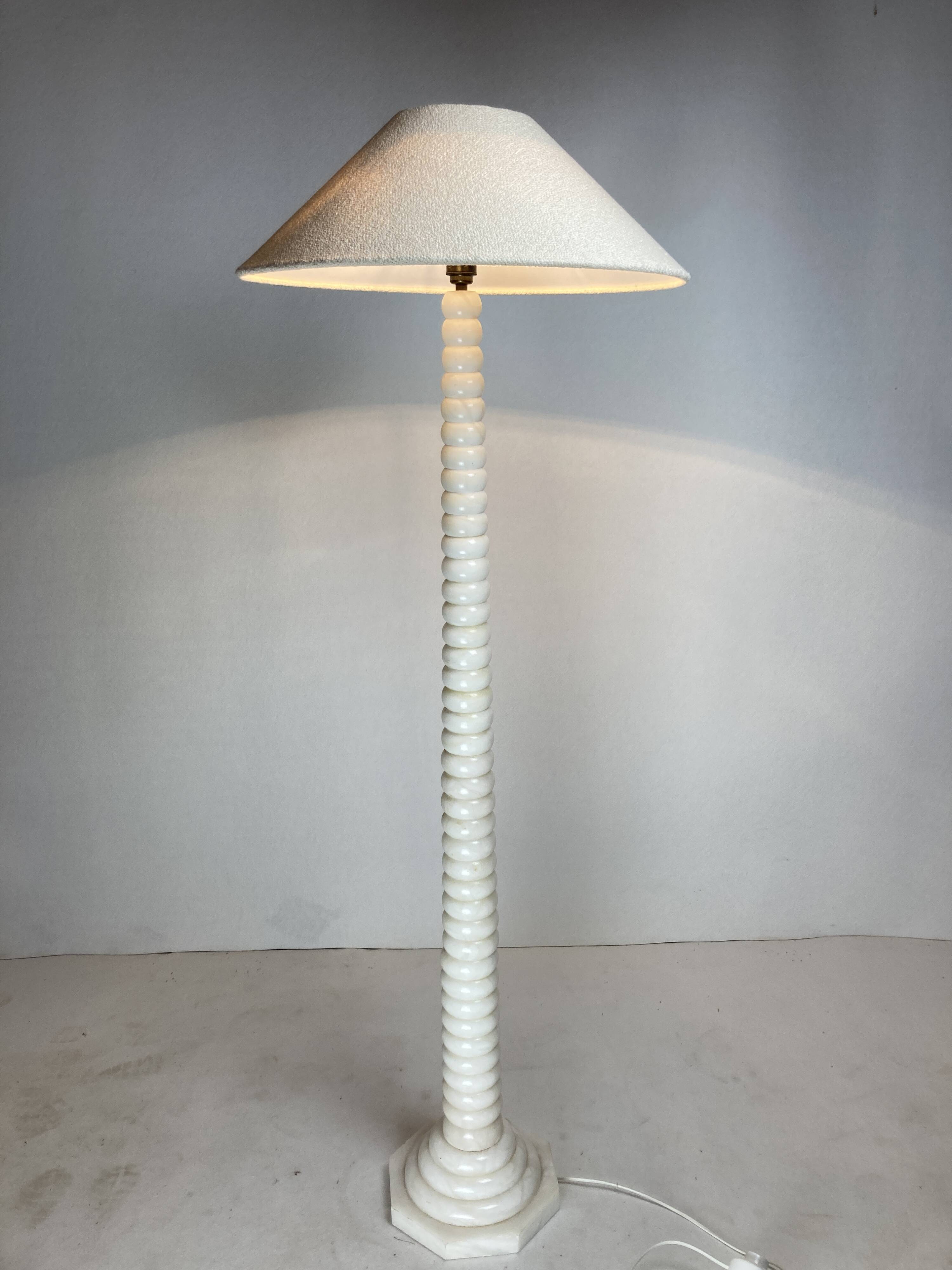 Midcentury French Alabaster floor lamp with bouclé shade, 1950s