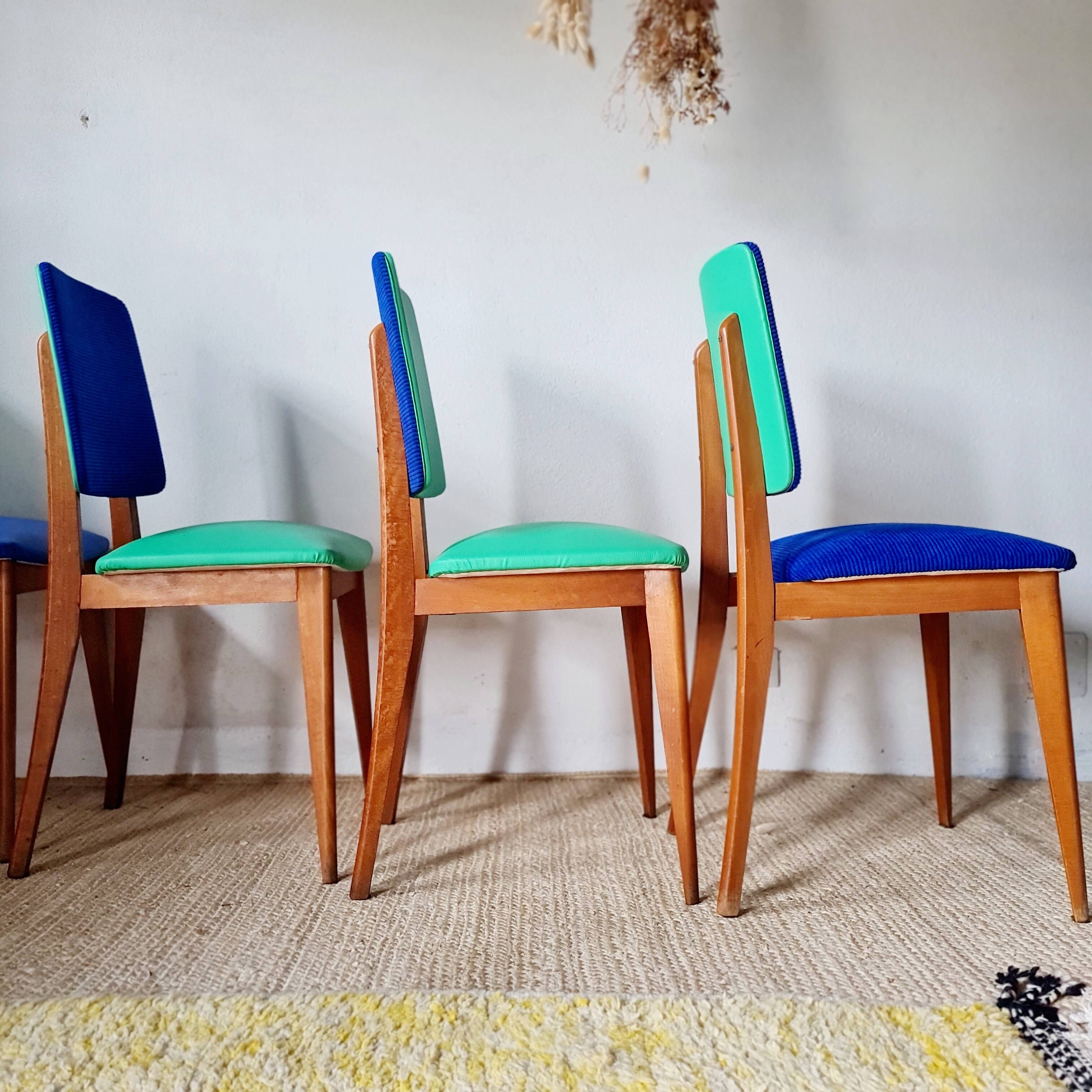 Series of velvet Scandinavian chairs - green and blue.