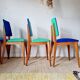 Series of velvet Scandinavian chairs - green and blue.