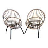 Pair of children's armchair rattan shell & metal foot black vintage