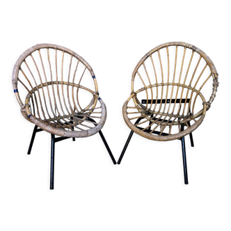 Pair of children's armchair rattan shell & metal foot black vintage