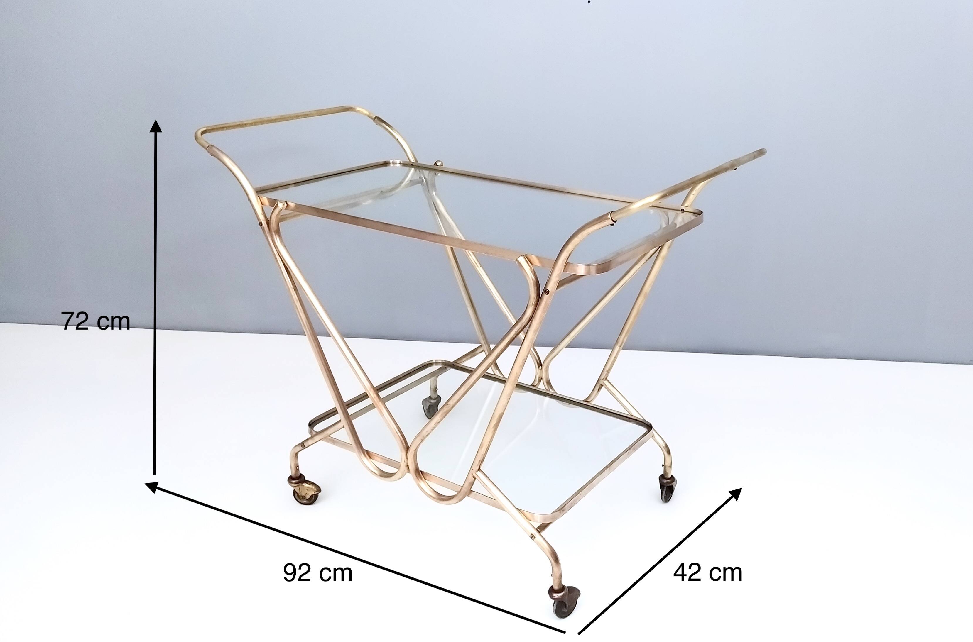 Vintage Brass Serving Cart with Glass Shelves, Italy