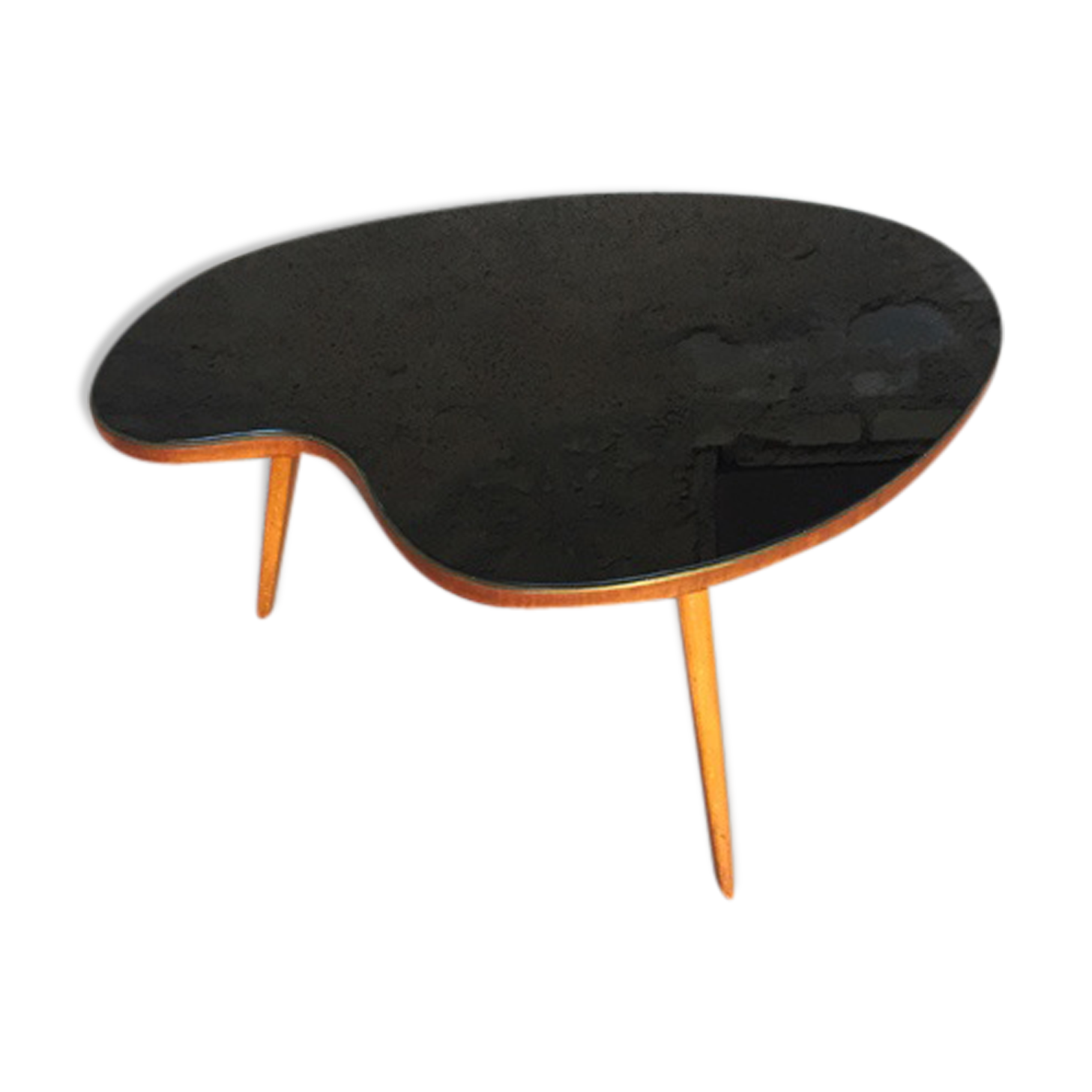 Coffee table bean shiny black glass top wood feet