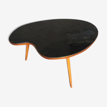 Table basse haricot plateau verre noir brillant pieds bois