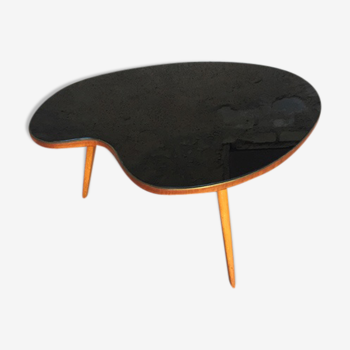 Coffee table bean shiny black glass top wood feet