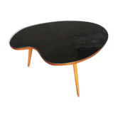 Coffee table bean shiny black glass top wood feet