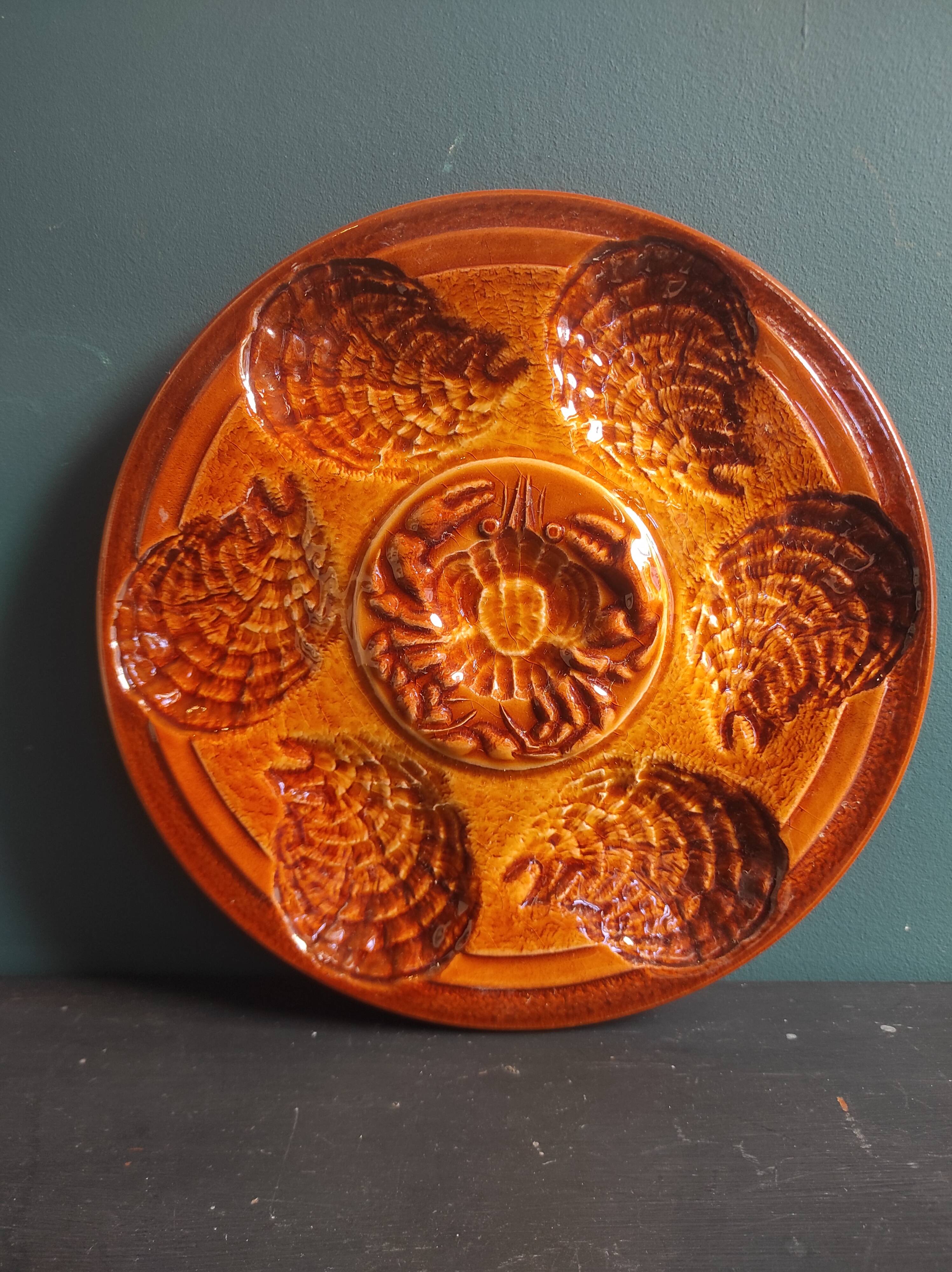 Vintage French oyster plate in Majolica from Sarreguemines