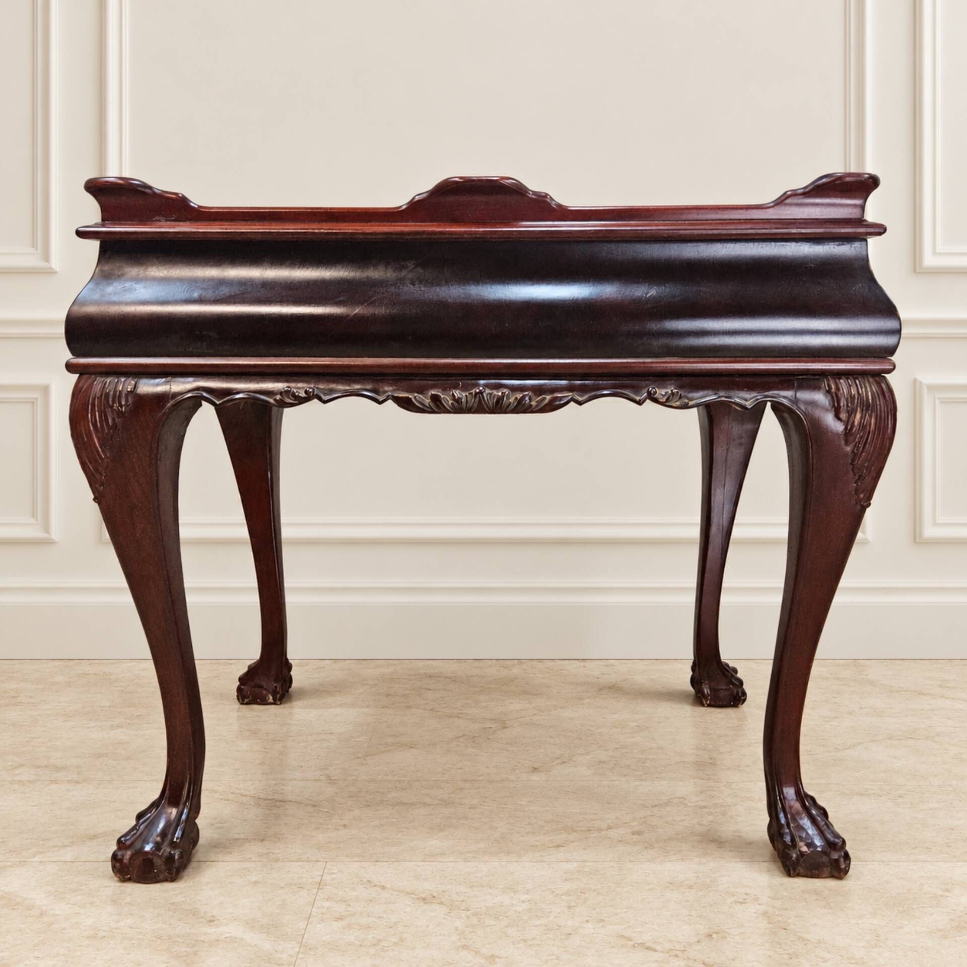 Antique walnut side table / tea table with drawer, shelves