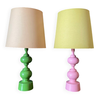 Pair of pink and green lamps 1970 original lampshade French design