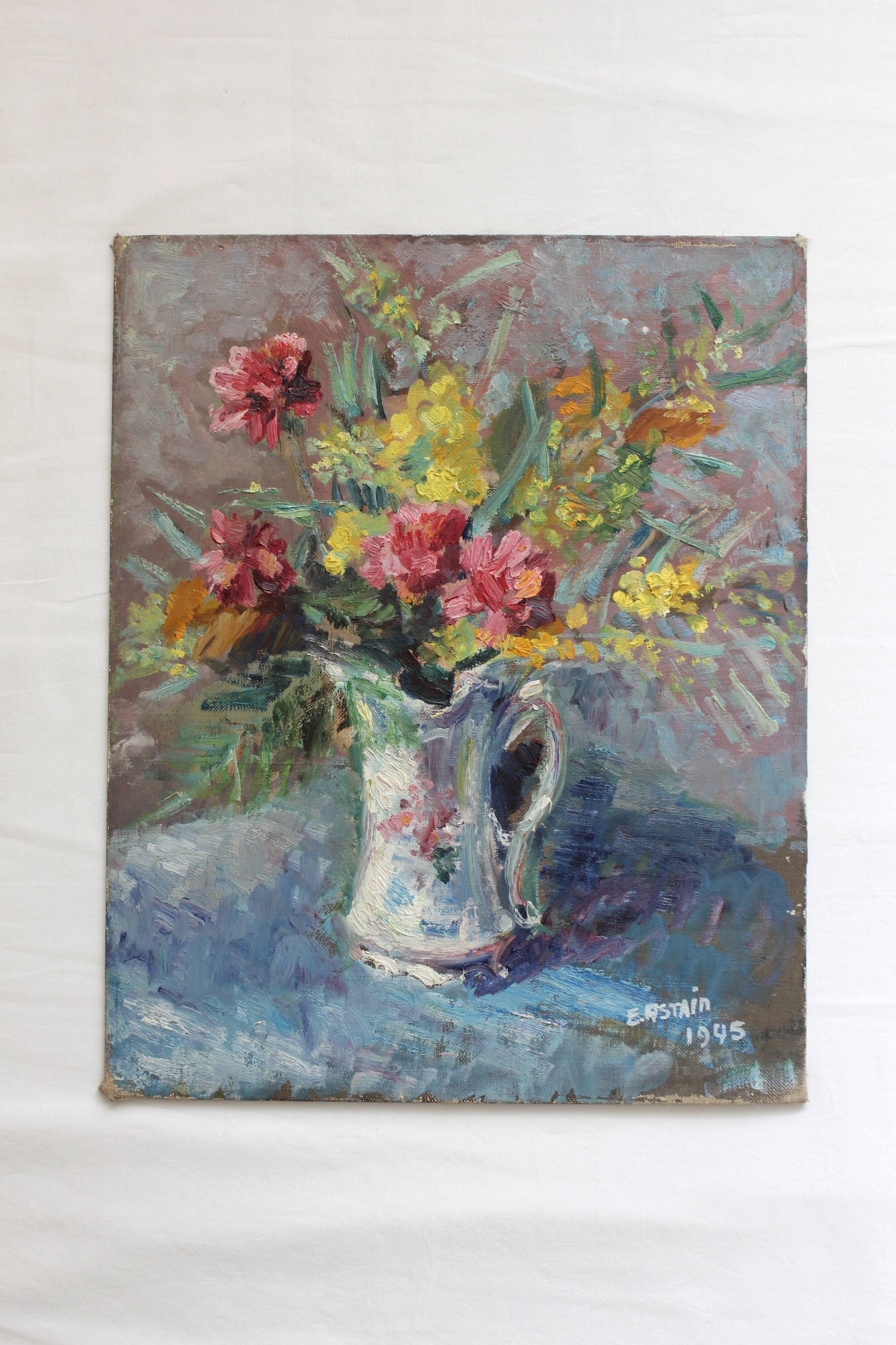 Old painting, oil on cardboard signed E. Astain, "Flowers", 1945