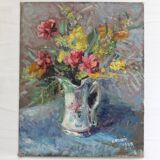 Old painting, oil on cardboard signed E. Astain, "Flowers", 1945