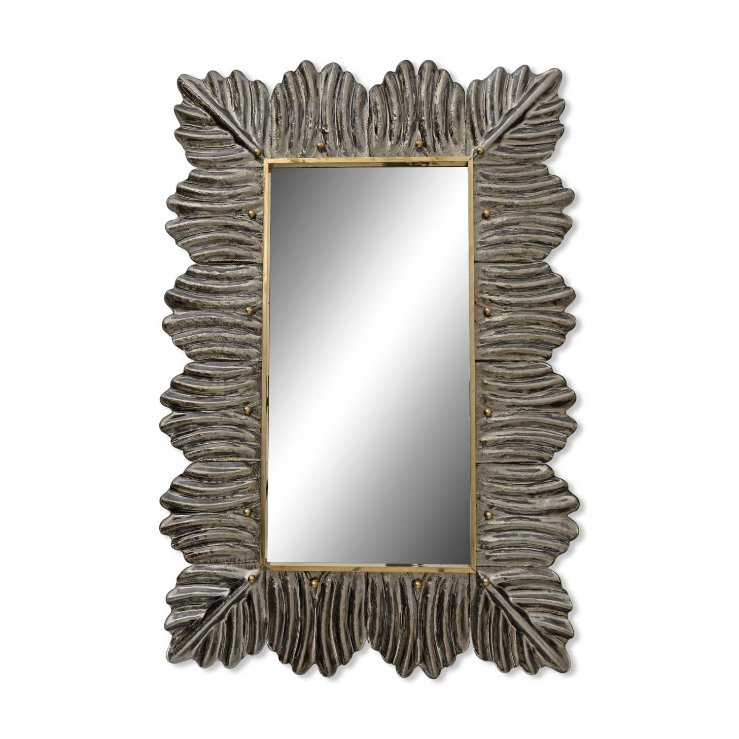 Mid-Century Modern Italian Brass and Leaves Murano Glass Wall Mirror