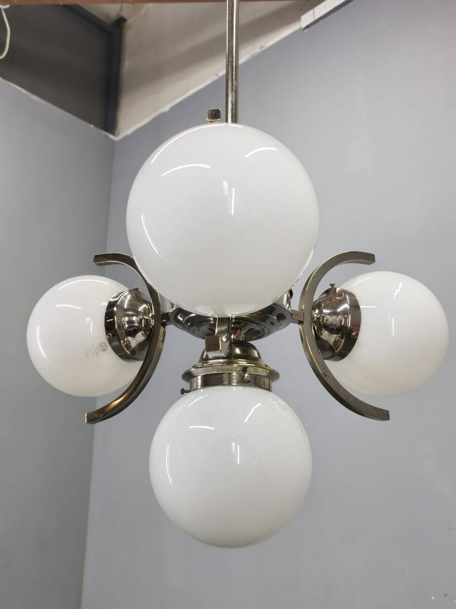 Art Deco Nickel and Glass Chandelier, 1930s