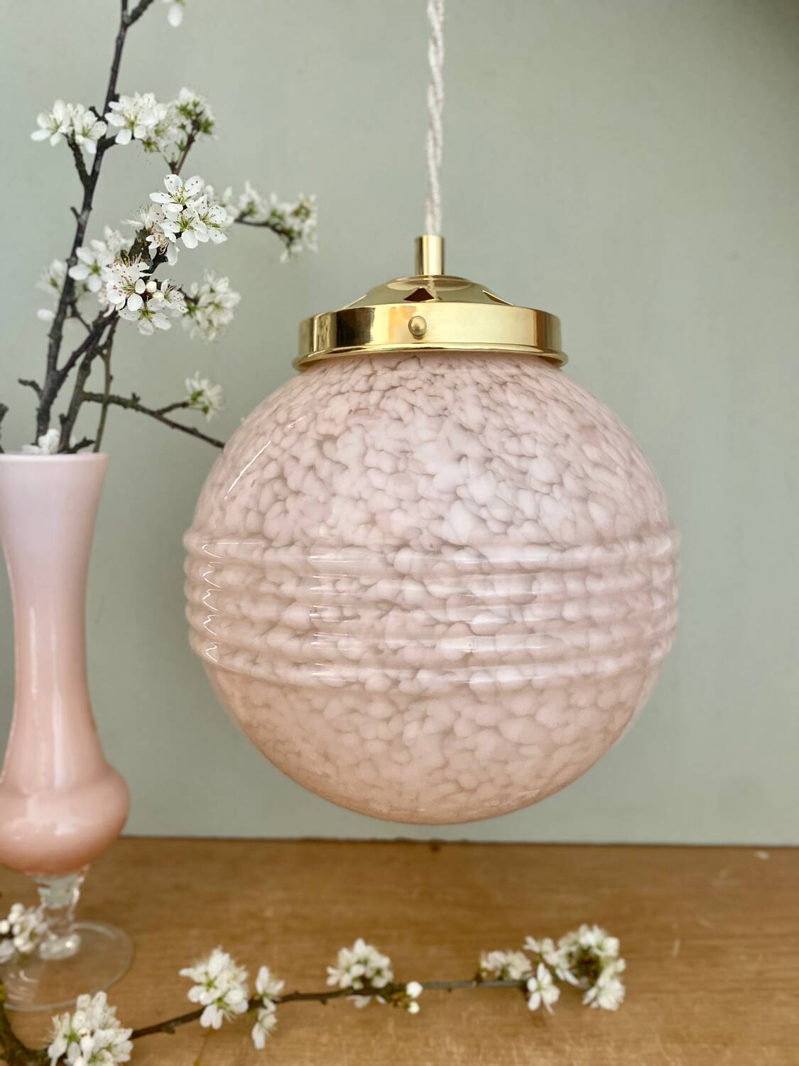 Vintage art deco globe pendant light in pale pink Clichy glass