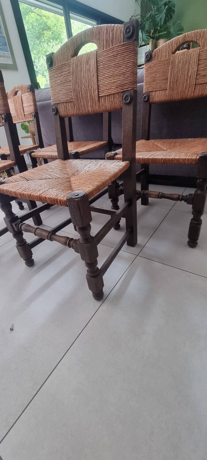 5 straw and wood chairs, brutalist 60s