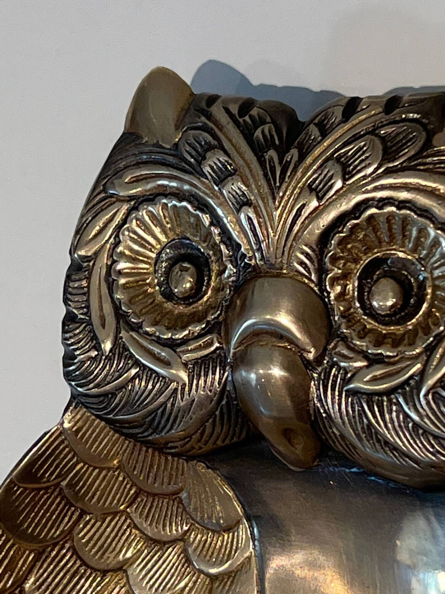 Brass Owl Catchall with Chiseled Feather Decoration. Italian Work in the