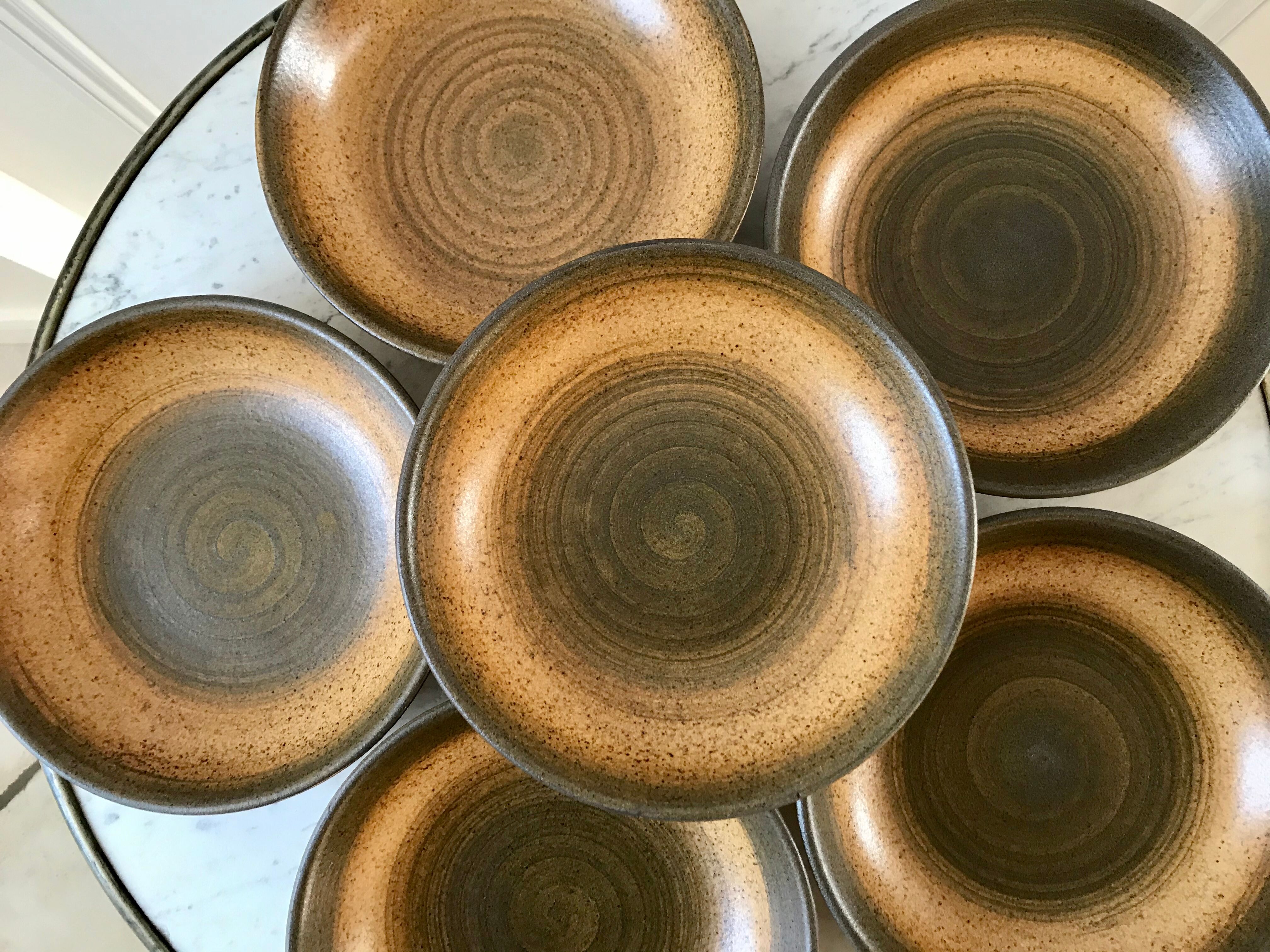 Set of 6 hollow plates in Longchamp sandstone hand painted 70s